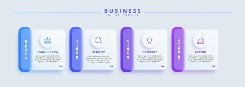 Design template for infographic labels with icons and 4 options or steps. Suitable for process diagrams, presentation, workflow layouts, banners, flow charts, and infographics. vector