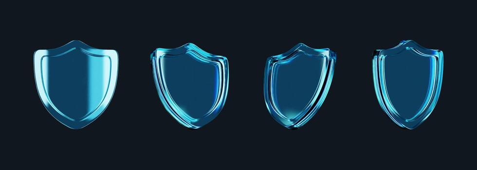 Set of 3D blue glass shield icon with holographic gradient and light refraction effects on a dark background. Modern security, privacy protection, and data defense symbol. vector