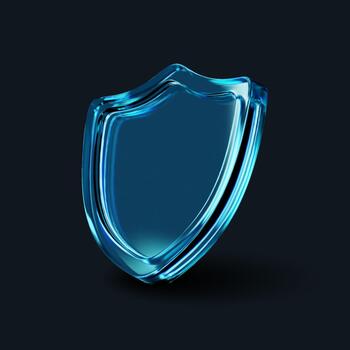 3D blue glass shield icon with holographic gradient and light refraction effects on a dark background. Modern security, privacy protection, and data defense symbol. vector