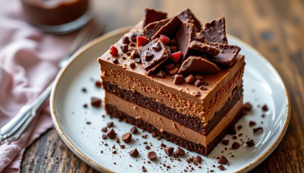 A creamy chocolate dessert layered with mousse and topped with crisp chocolate shards. photo