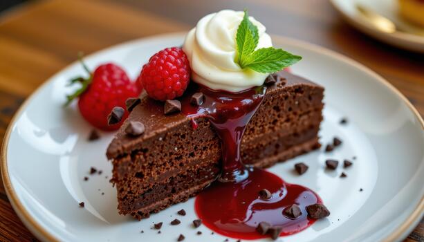 A rich chocolate dessert finished with raspberry coulis and cocoa nibs for texture. photo
