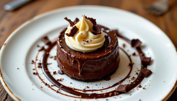 un chocolate postre presentado con un remolino de crema y delicado chocolate chinos. foto