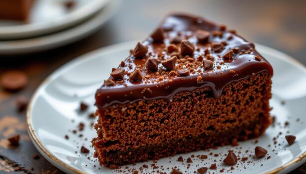 A smooth chocolate dessert with shiny glaze and sprinkled cocoa nibs for crunch. photo