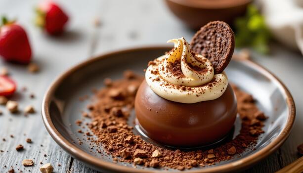A silky chocolate dessert with smooth mousse and fine cocoa dust garnish. photo