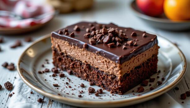 A layered chocolate dessert topped with ganache and crunchy cocoa nibs. photo