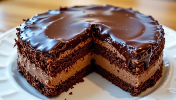 A chocolate dessert layered with mousse and topped with glossy glaze. photo