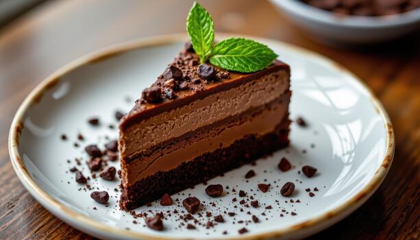 A layered chocolate dessert featuring mousse and crisp cacao nibs. photo