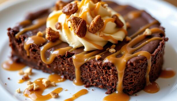 un Rico chocolate postre terminado con caramelo llovizna y chinos. foto