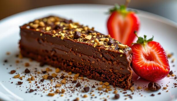 A premium chocolate dessert with gold leaf and cocoa nibs. photo