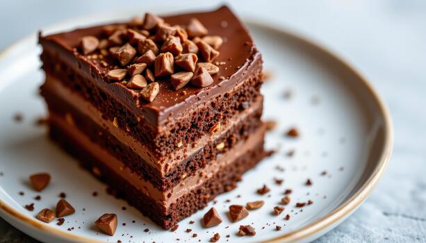 A layered chocolate dessert with crisp nibs. photo
