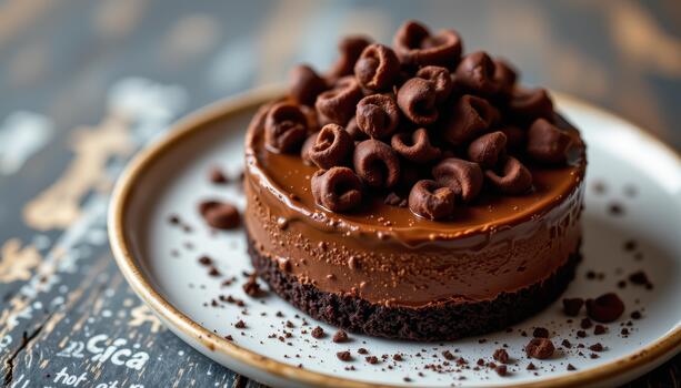 un chocolate postre coronado con oscuro chinos. foto