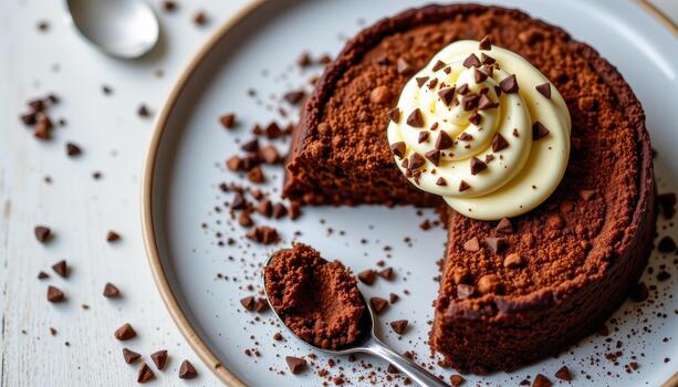 A decadent chocolate dessert with cocoa nibs. photo