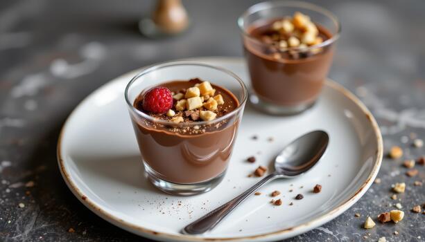 Silky chocolate mousse layered with crisp wafers and delicate toppings for a refined dessert delight. photo