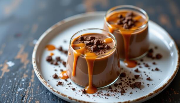 Creamy chocolate panna cotta topped with caramel drizzle and fine cocoa nibs arranged neatly delight. photo