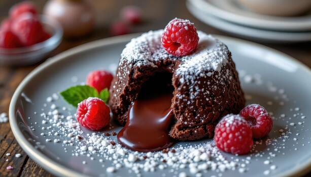 Warm chocolate fondant with flowing molten center garnished with fresh raspberry and powdered sugar delight. photo