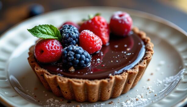 Chocolate tartlet garnished with fresh berries and a thin layer of shiny dark ganache for elegance. photo
