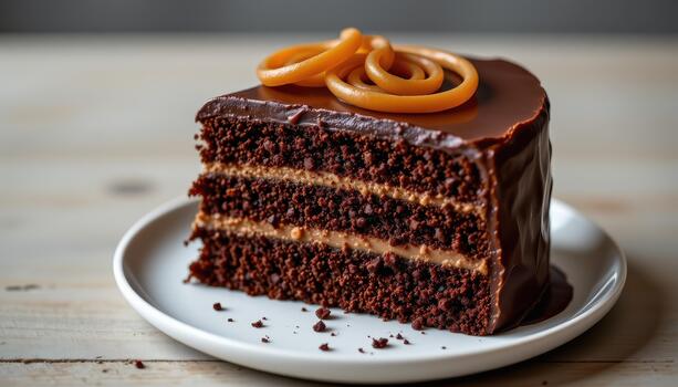Layered chocolate cake with silky ganache, crisp layers, and a decorative caramel swirl topping delight. photo