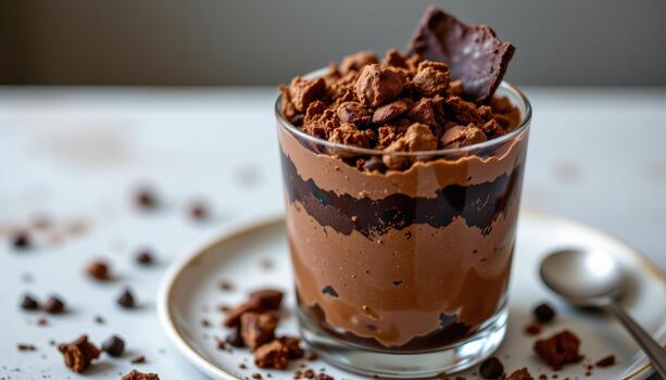 Elegant chocolate parfait layered with mousse, ganache, and crunchy shards in a clear glass delight. photo