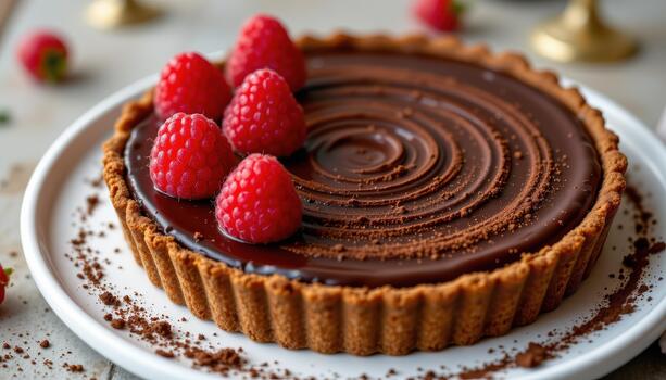 Dark chocolate tart with smooth ganache, topped with delicate raspberry and cocoa powder swirl delight. photo