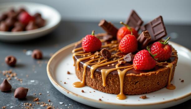 Decadent chocolate tart topped with ganache, caramel drizzle, and crispy chocolate shards delight. photo