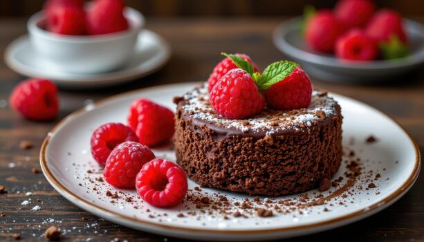 Molten chocolate cake dessert served with fresh raspberries and light cocoa dusting for elegance delight. photo