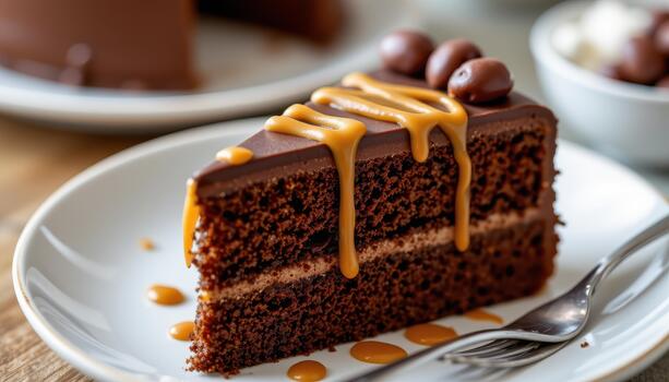 Layered chocolate cake slice with smooth ganache, crisp layers, and decorative caramel drizzle delight. photo
