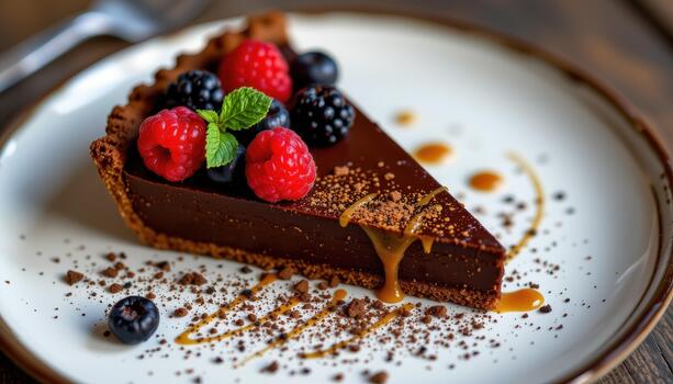 Dark chocolate tart served with berries, cocoa dust, and subtle caramel drizzle for refined elegance delight. photo