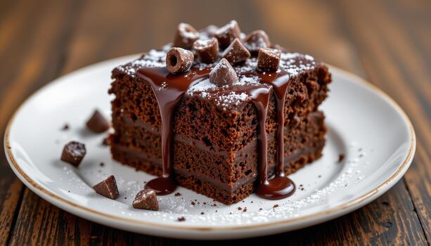 Chocolate brownie stack drizzled with warm fudge, powdered sugar, and chocolate curls on plate delight. photo