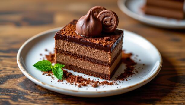 Layered chocolate mousse dessert with crisp wafers, ganache, and cocoa dust elegantly plated delight. photo
