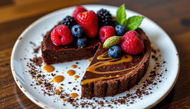 Dark chocolate tart topped with caramel drizzle, fresh berries, and cocoa dust elegantly plated delight. photo