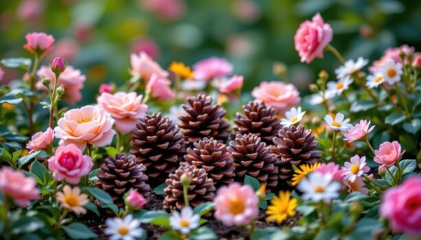 Pine cones resting in a garden, encircled by roses, daisies, and soft green foliage all around. photo