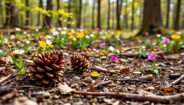 A charming forest scene with pine cones on the ground surrounded by colorful spring flowers. photo