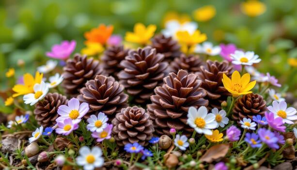 A charming display of pine cones among flowers, creating a whimsical natural spring scene. photo