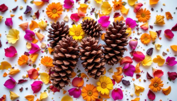 Pine cones lying in a circle of vibrant flowers, petals scattered around in a natural pattern. photo