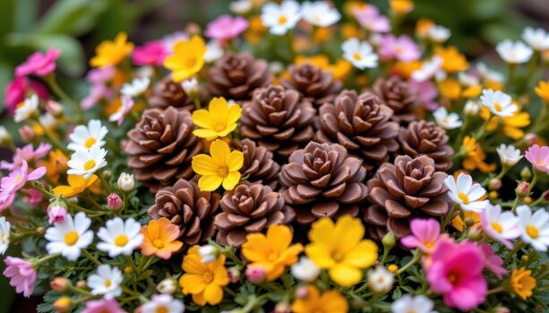 A cluster of pine cones nestled among flowers, creating a cozy natural spring display. photo