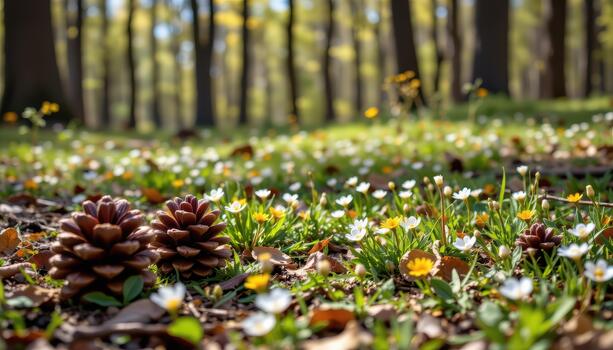 A peaceful forest scene with pine cones on the ground, surrounded by tiny spring flowers. photo