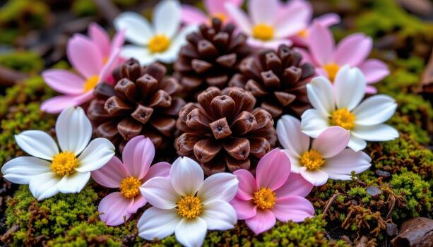 Pine cones resting in a circle of flowers, dew drops glistening on petals and moss textures. photo