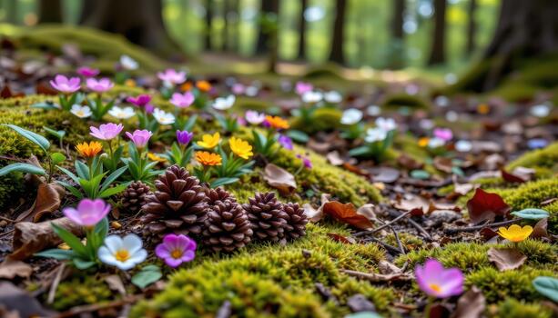 A serene forest floor scene with pine cones surrounded by colorful spring flowers and moss. photo