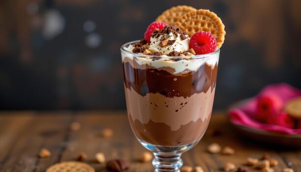 Elegant chocolate parfait with layers of mousse, ganache, and crisp wafers served in a tall glass delight. photo