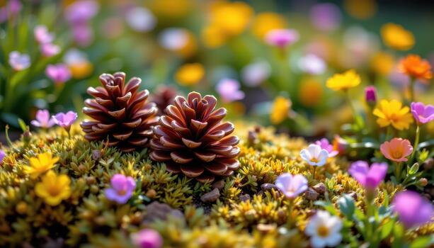 Pine cones resting in moss among colorful flowers, morning light creating soft glowing effect. photo