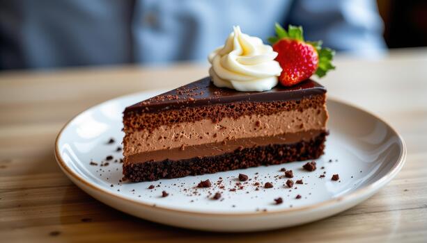 A layered chocolate dessert with mousse and ganache. photo