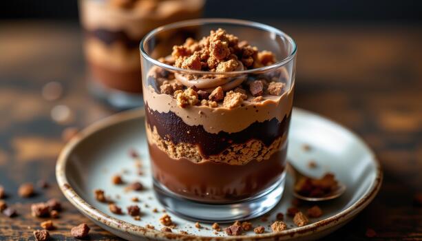 Chocolate parfait in glass layered with mousse, ganache, and crisp crumble for elegant plating delight. photo