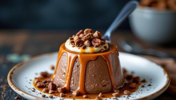 Silky chocolate panna cotta topped with caramel drizzle and cocoa nibs for elegant presentation delight. photo