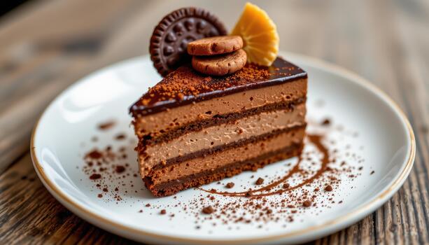 Layered chocolate mousse dessert with crisp wafers, ganache, and cocoa dust garnish on plate delight. photo