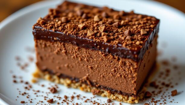 Layered chocolate mousse dessert with crisp wafers, ganache, and subtle cocoa dusting delight. photo