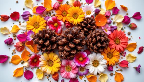 Pine cones lying in a circle of vibrant flowers, petals scattered gently around in natural patterns. photo