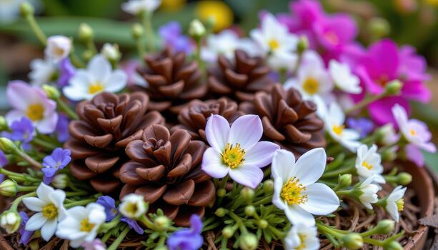 A cluster of pine cones nestled among flowers, creating a cozy and whimsical natural spring display. photo