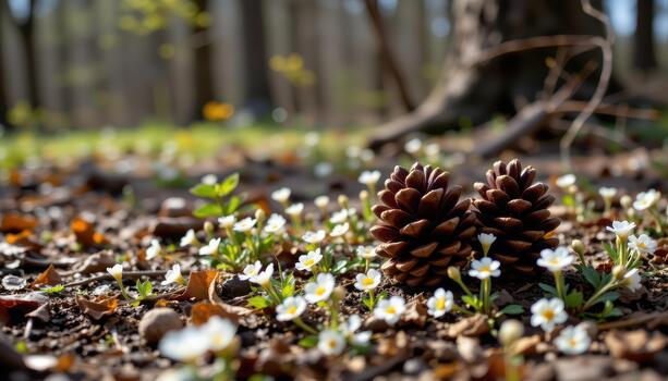 A peaceful forest scene with pine cones on the ground, surrounded by tiny spring flowers elegantly. photo