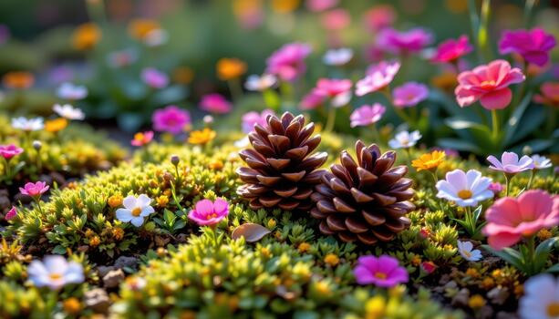 Pine cones resting in moss among colorful flowers, morning light creating soft glowing effect on petals. photo
