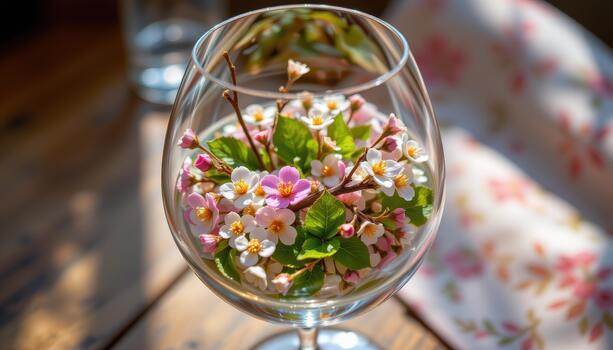 Wine glass holding tiny flowers, twigs, and delicate green leaves, sunlight casting soft patterns across petals. photo